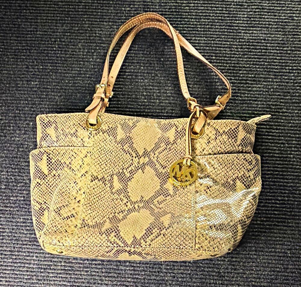 Michael Kors Y2K Beige Brown Snakeskin Embossed Leather Tote Bag Gold Hardware